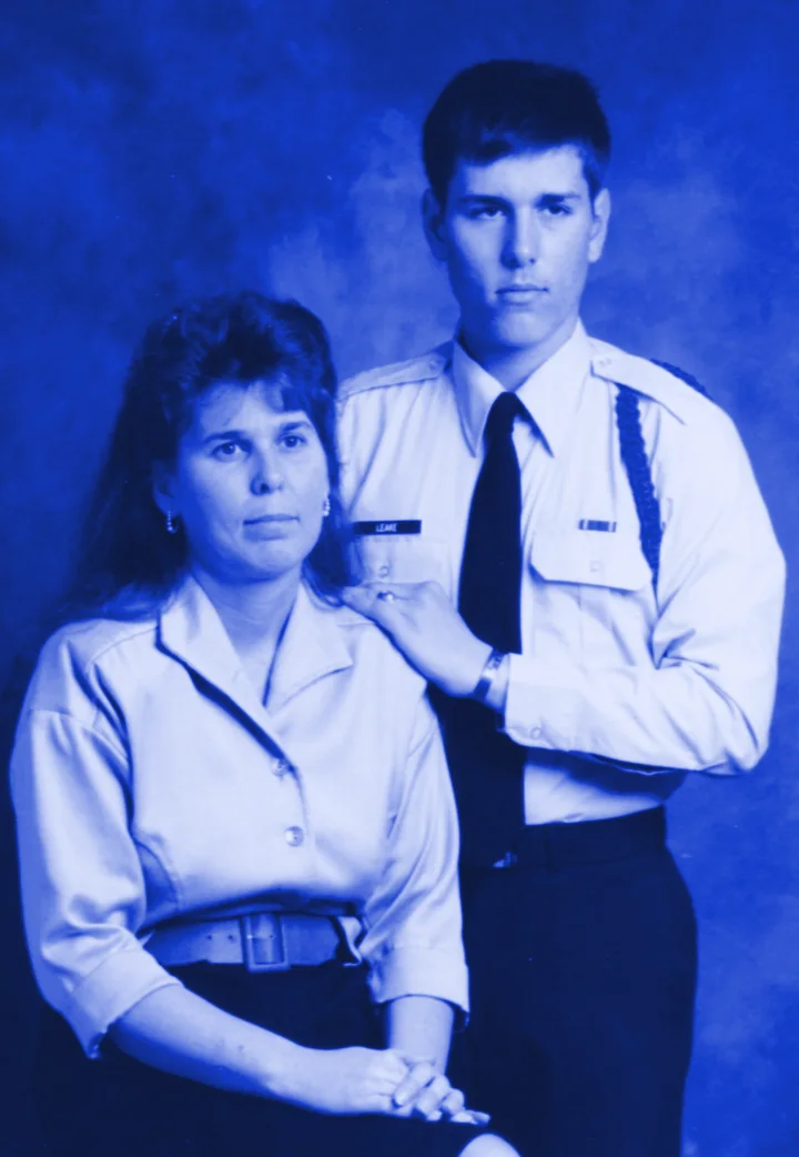 Travis Leake in U.S. Air Force uniform with his mother, Glenda Garcia, 1989